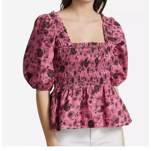 Ganni US Sz 2 Cotton Poplin Watercolor Pink Black Floral Smocked Blouse Shirt